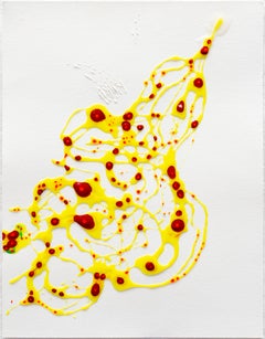 "Membrane", textured red dots embellish a yellow mesh, diagonal pod shape