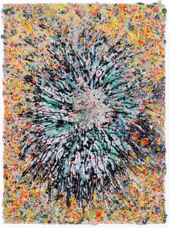 “Primal Burst” yellows, greens and black a cosmic explosion, inspired by Hubble