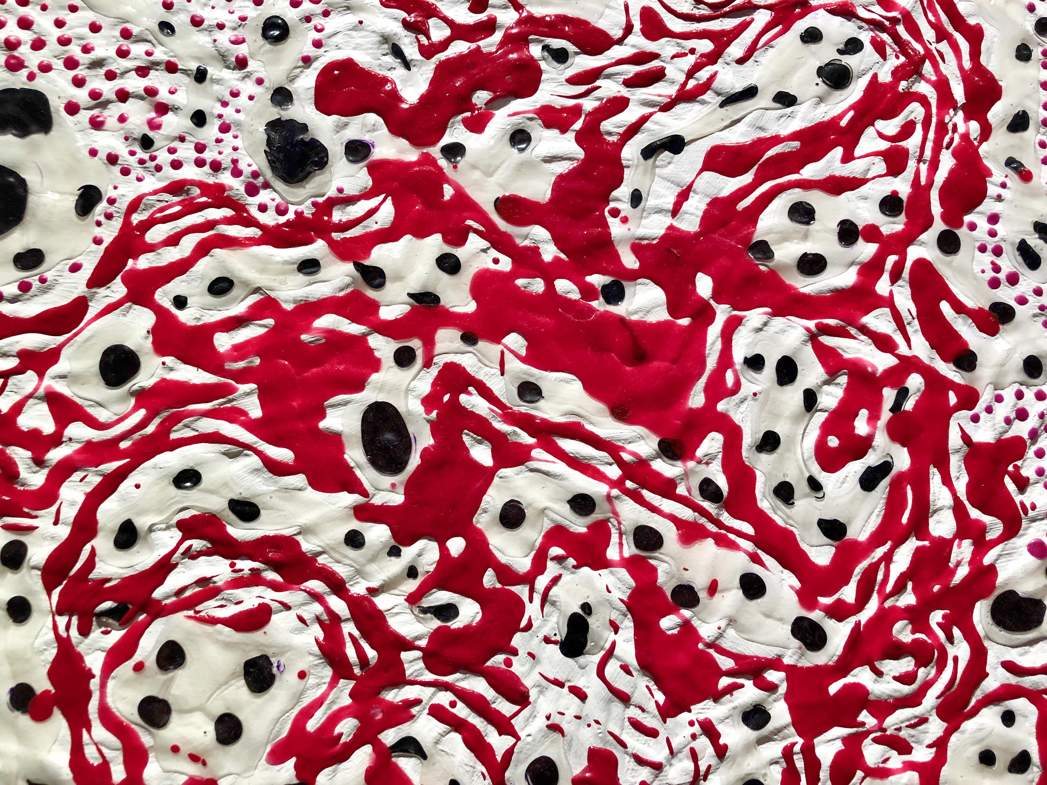 Elizabeth Knowles Abstract Painting - "Red Ocean Floor", tidal currents swirl textured red, black and white