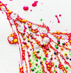 "Red Pod", textured dots of red, blue, and green, spin a web of woven lines