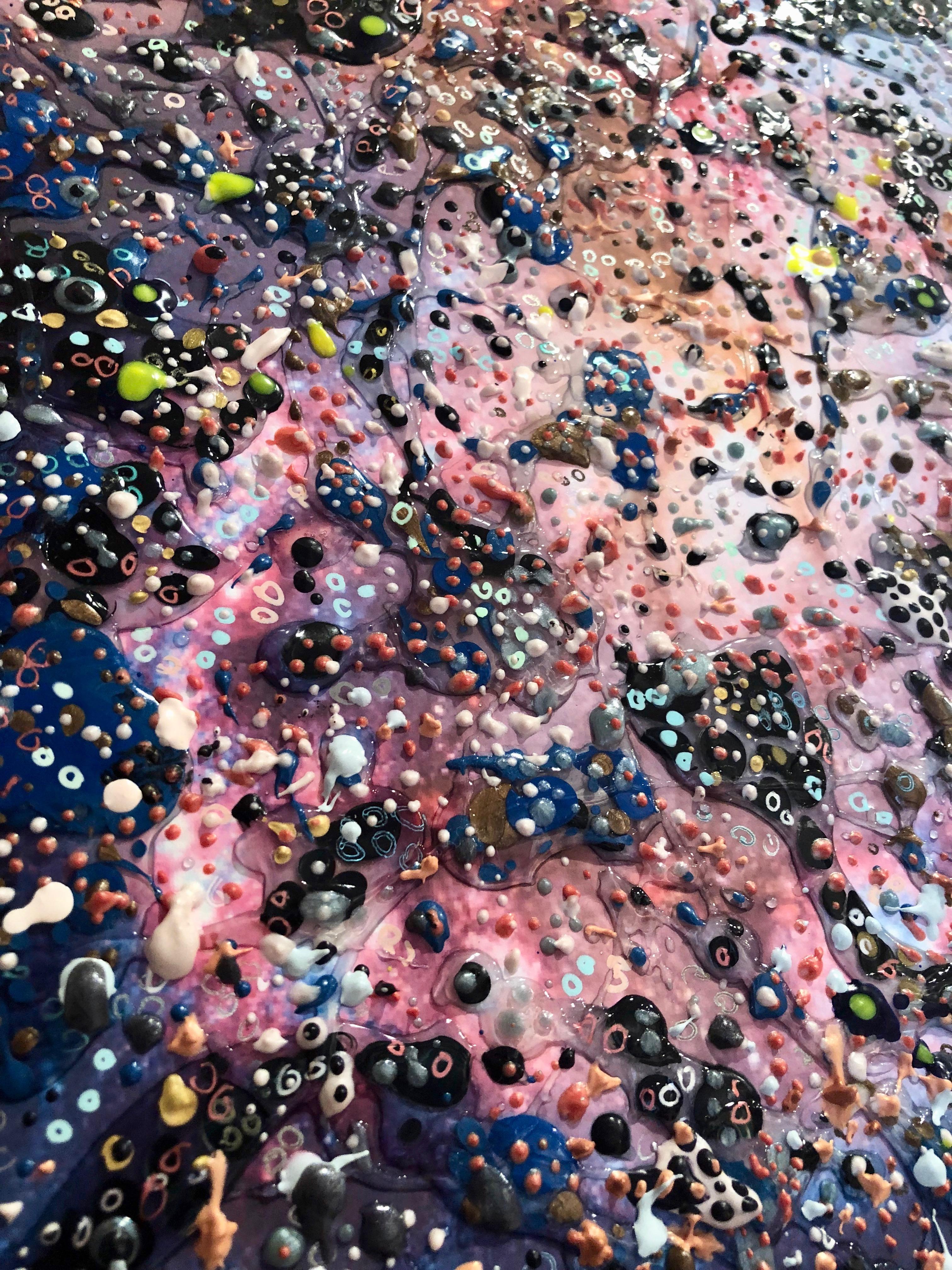 “Space” pinks, blues and black, a cosmic explosion, inspired by Hubble - Brown Abstract Painting by Elizabeth Knowles