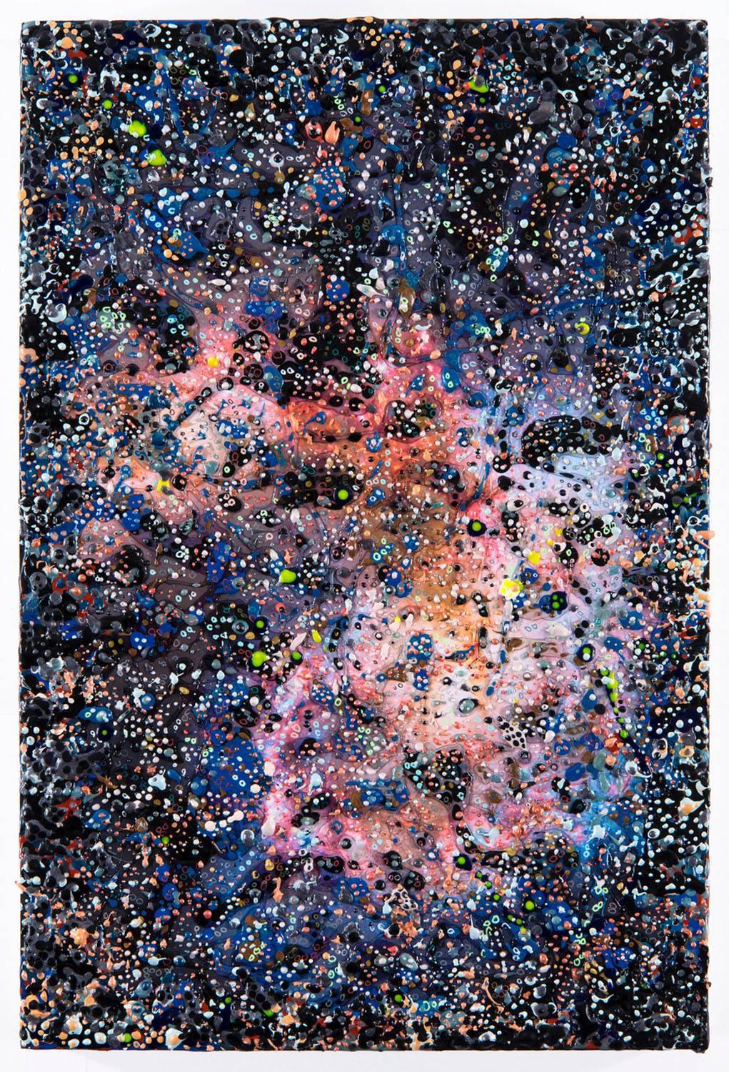 Elizabeth Knowles Abstract Painting - “Space” pinks, blues and black, a cosmic explosion, inspired by Hubble