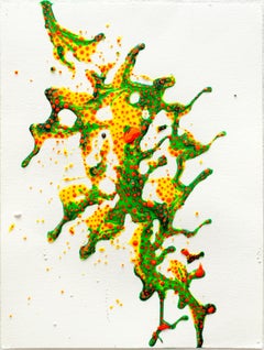 Elizabeth Knowles - "Splash", textured orange dots speckle a yellow and green splatter shape "Splash", textured orange dots speckle a yellow and green splatter shape