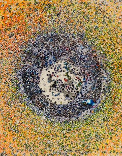 “Sporb”, textured in orange, yellow, blue and white circles and dots 