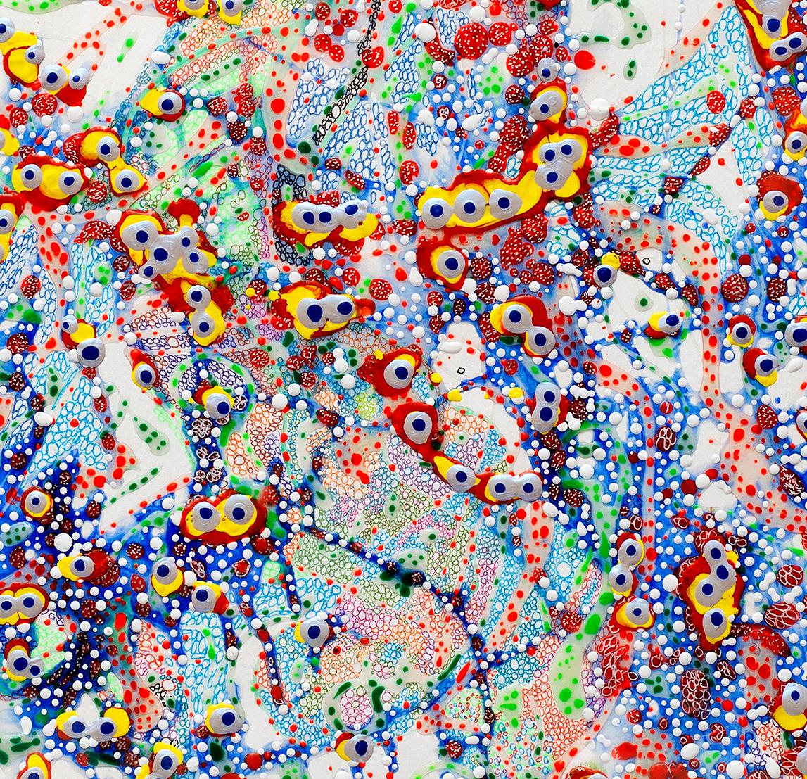 Elizabeth Knowles Abstract Drawing - "Untitled NETwork", textured dots of red, blue, and yellow, a woven beaded mesh