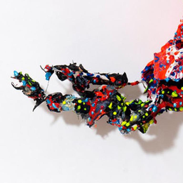The Other One, red, yellow, pink and blue textured dots on a brilliant multicolored background, reveals dynamic patterns in nature in this organically shaped mixed media wall sculpture. The artist draws on biological patterns on the cellular level
