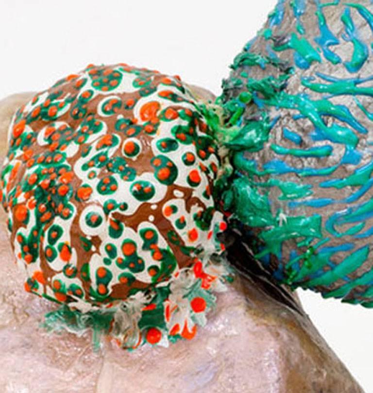 “The Other Three”, red, and turquoise texture on an opalescent background - Sculpture by Elizabeth Knowles