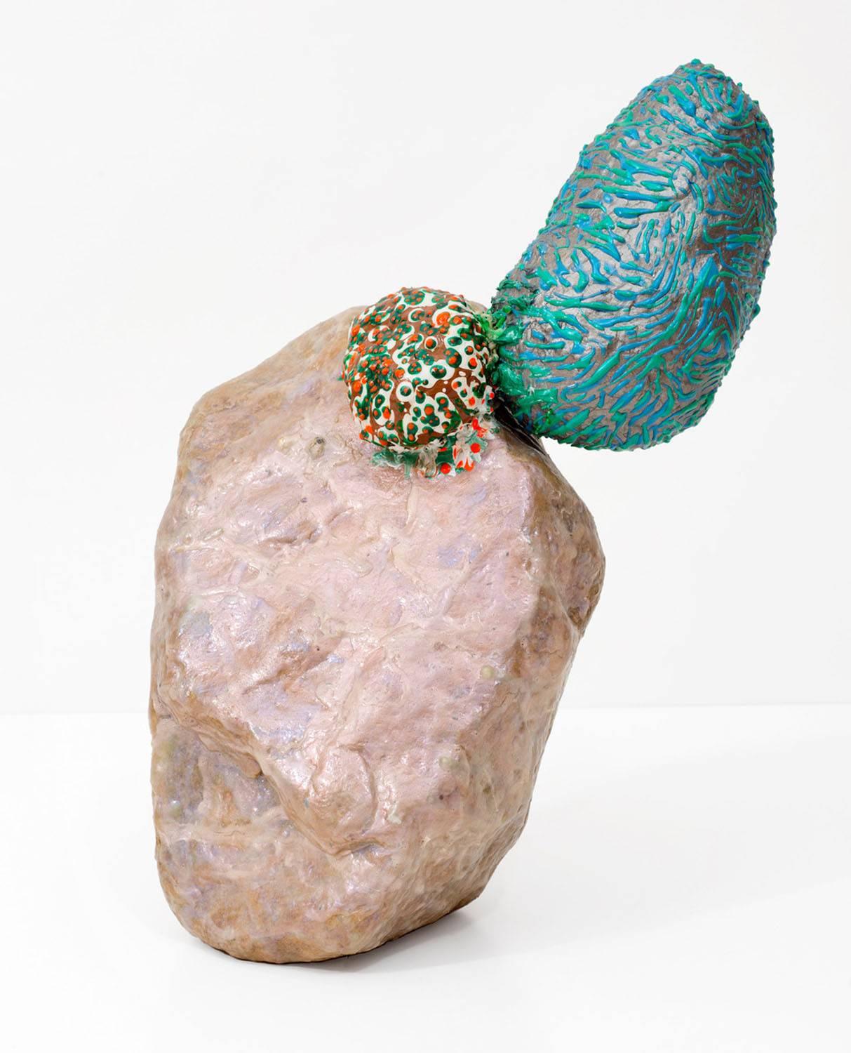 Elizabeth Knowles Abstract Sculpture - “The Other Three”, red, and turquoise texture on an opalescent background