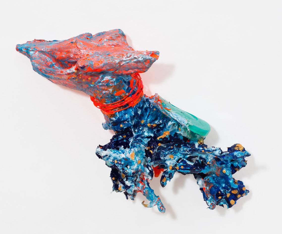Elizabeth Knowles Abstract Sculpture - "The Other Two��”, red, blue and turquoise texture on a multicolored background