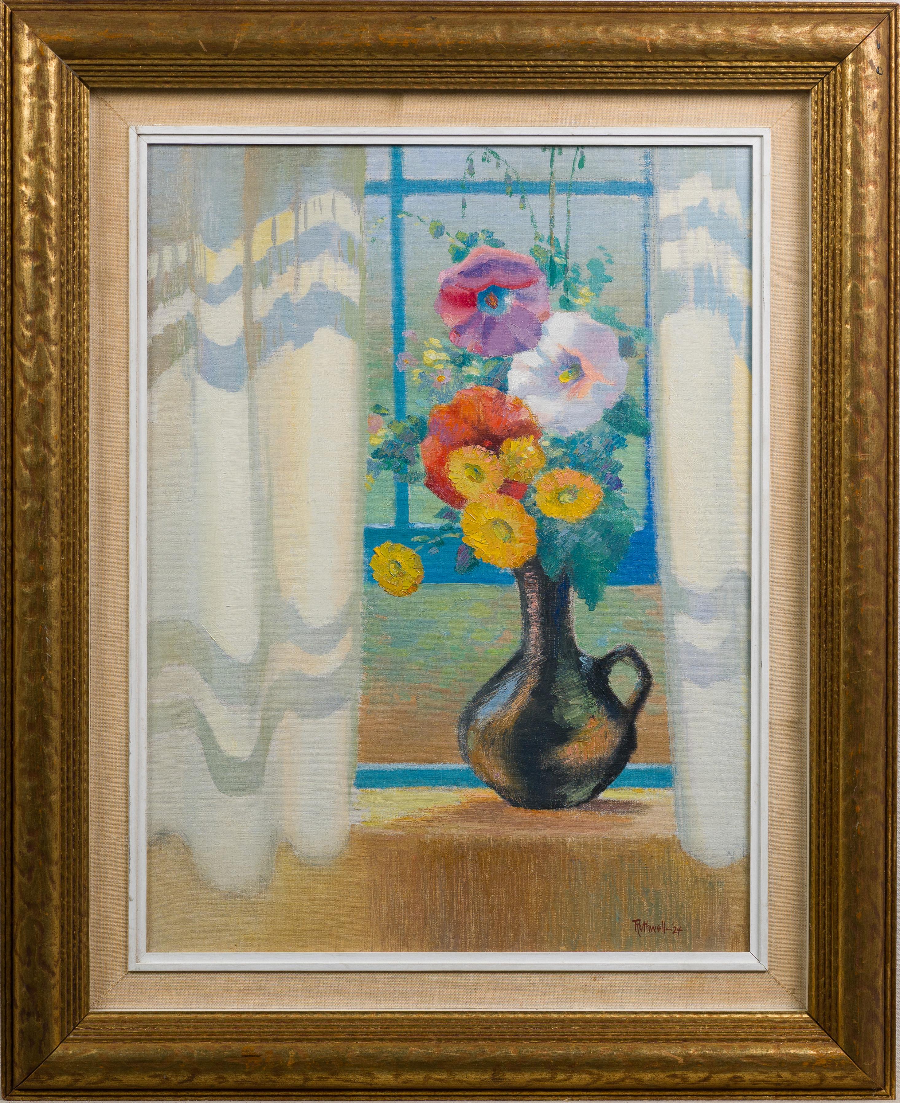 Antikes, seltenes Ölgemälde einer amerikanischen weiblichen Künstlerin, impressionistisches Blumenstillleben – Painting von Elizabeth L. Rothwell