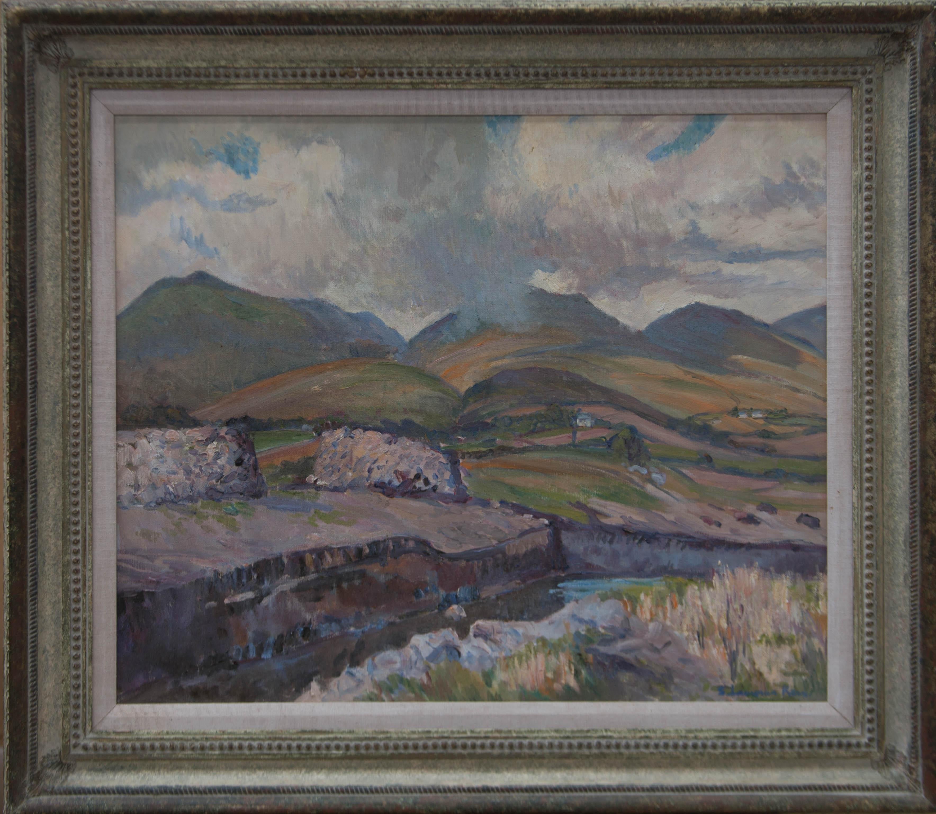 An expressive and captivating oil painting by the British artist Elizabeth Lamorna Kerr. The scene depicts a cloudy landscape view with mountains and a bog, a wetland that accumulates peat. This wonderful impressionistic composition, with clear