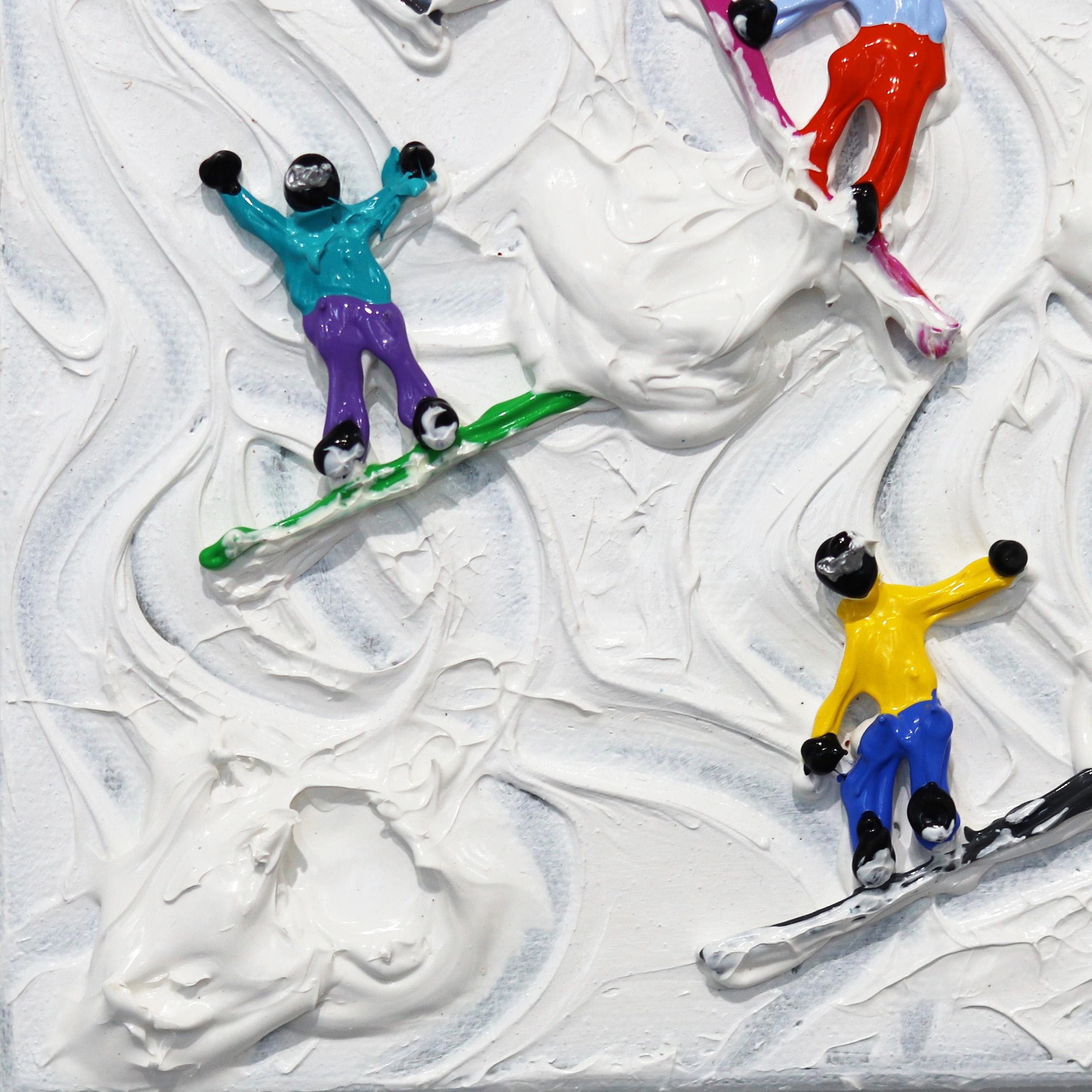 Just Snowboarders - Three Dimensional Textural Winter Landscape Painting For Sale 1