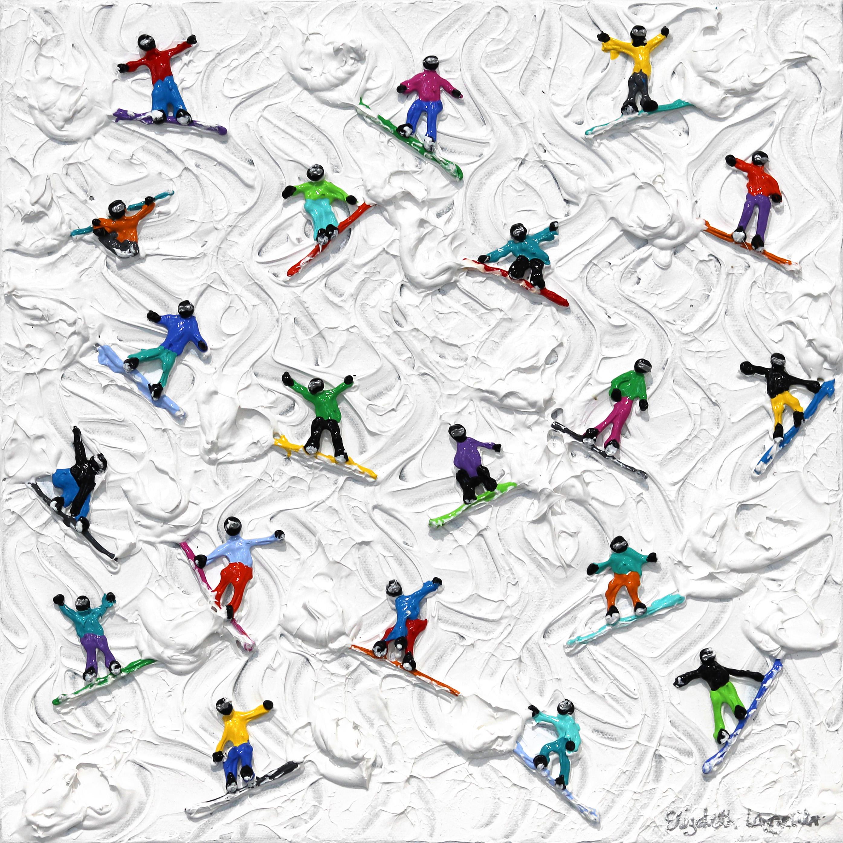 Just Snowboarders - Three Dimensional Textural Winter Landscape Painting - Mixed Media Art by Elizabeth Langreiter
