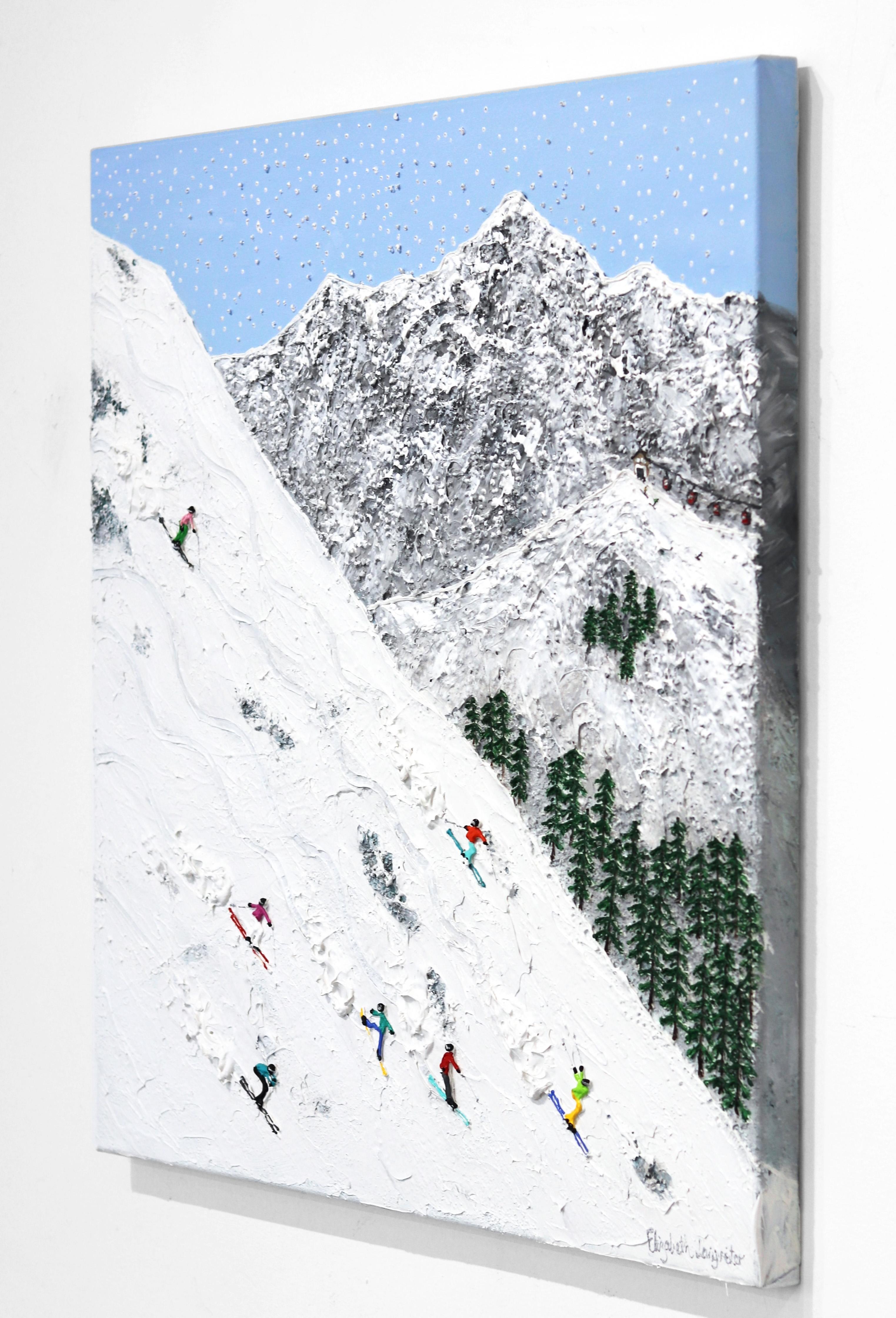 Wait For Me - Winter Landscape Textural Painting Skiers on Mountain - Gray Landscape Painting by Elizabeth Langreiter