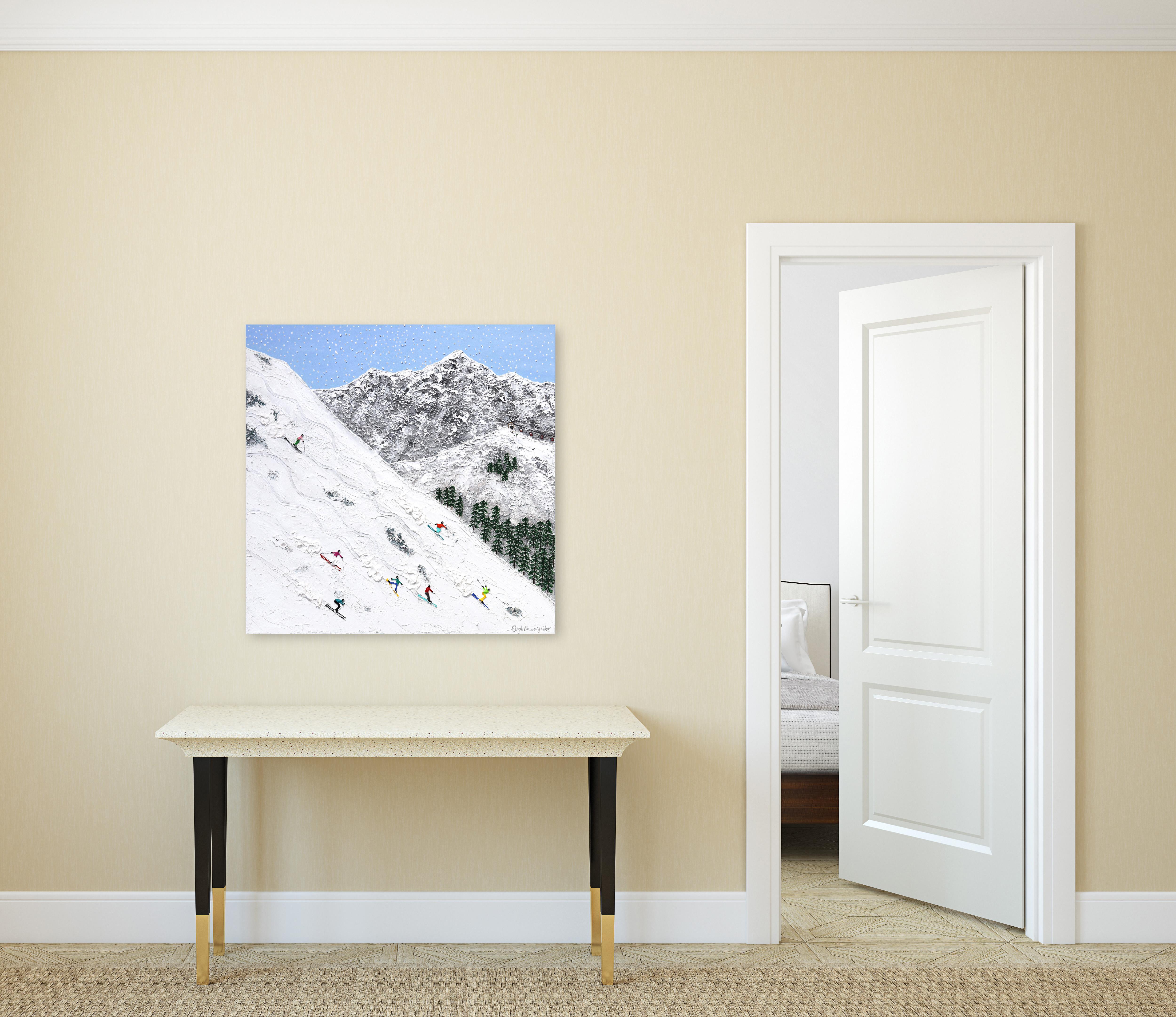 Wait For Me - Winter Landscape Textural Painting Skiers on Mountain For Sale 1