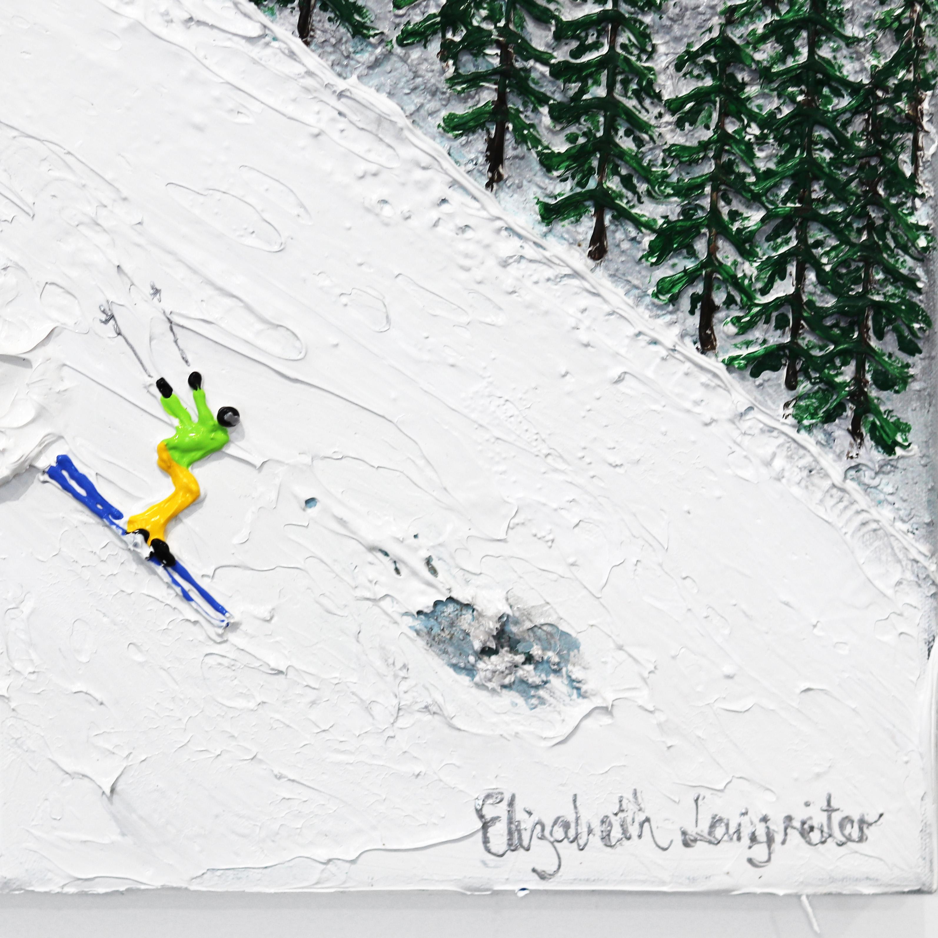 Wait For Me - Winter Landscape Textural Painting Skiers on Mountain For Sale 3