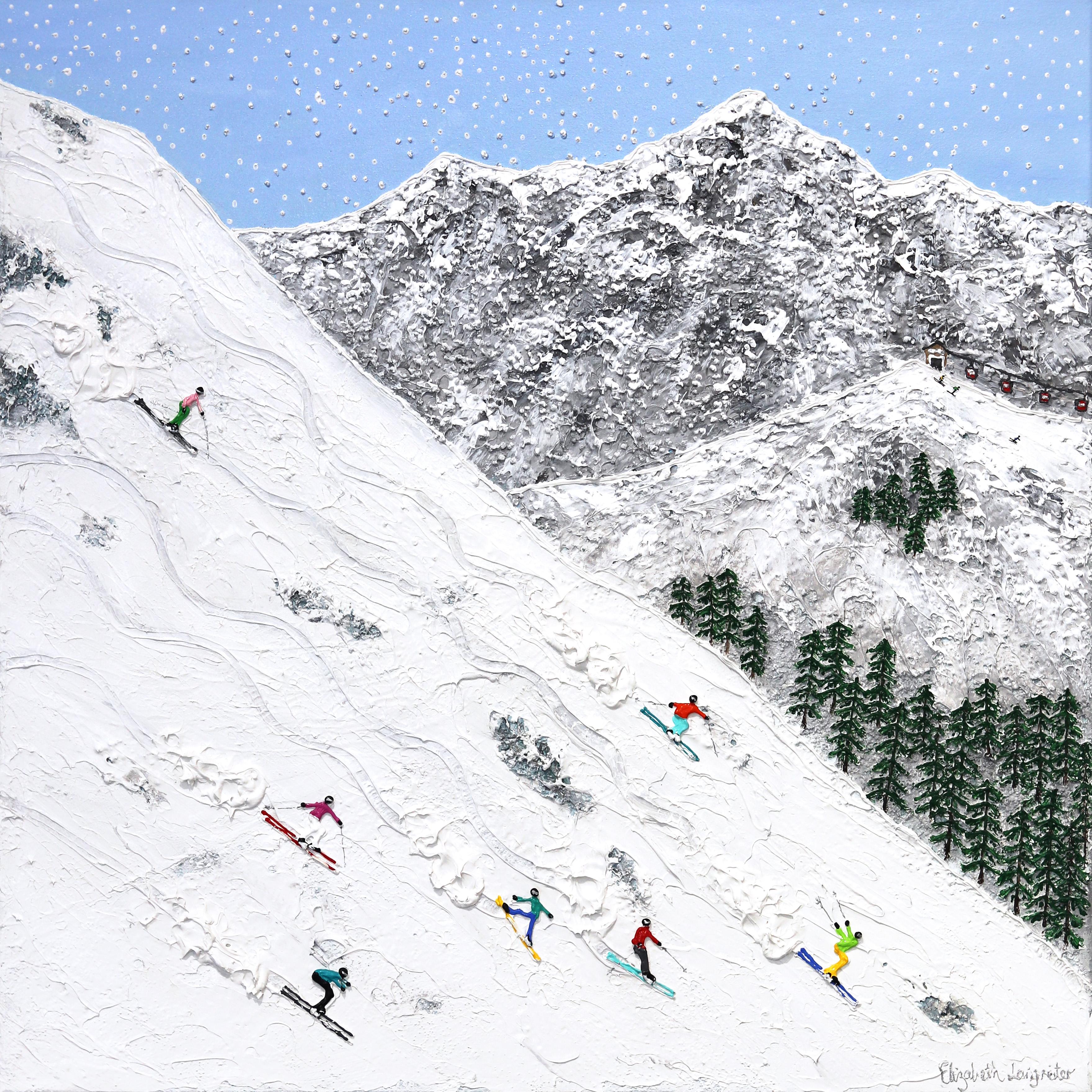Elizabeth Langreiter Landscape Painting - Wait For Me - Winter Landscape Textural Painting Skiers on Mountain