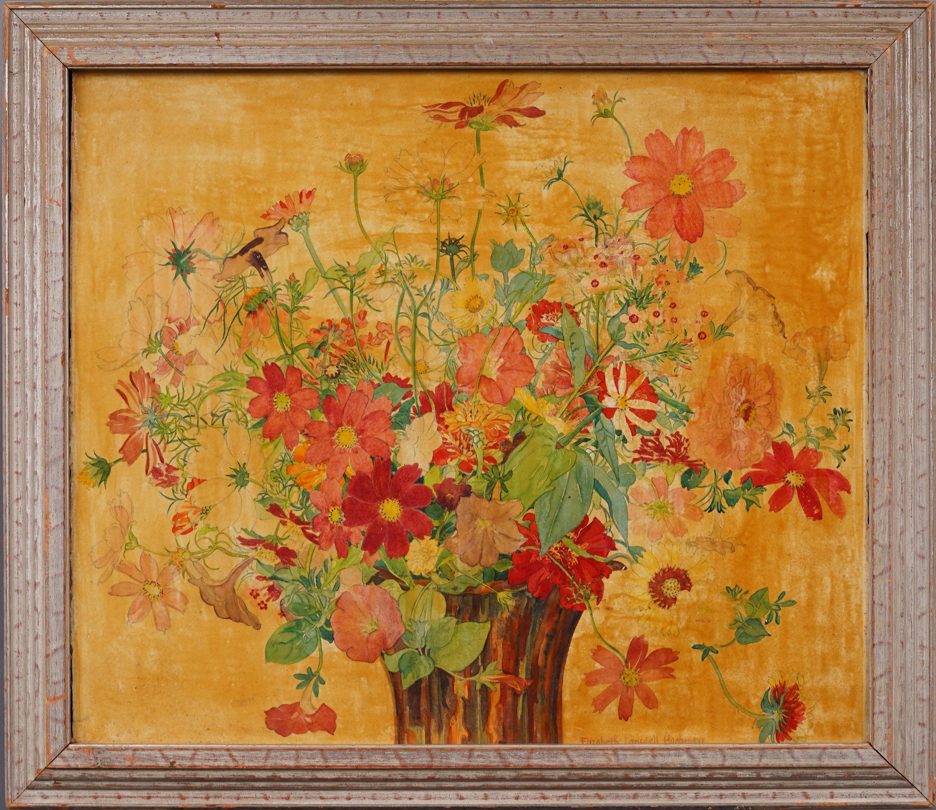 Pittura ad olio antica americana modernista Art Deco Flower Still Life Silver incorniciata - Painting di Elizabeth Lansdell Hammell