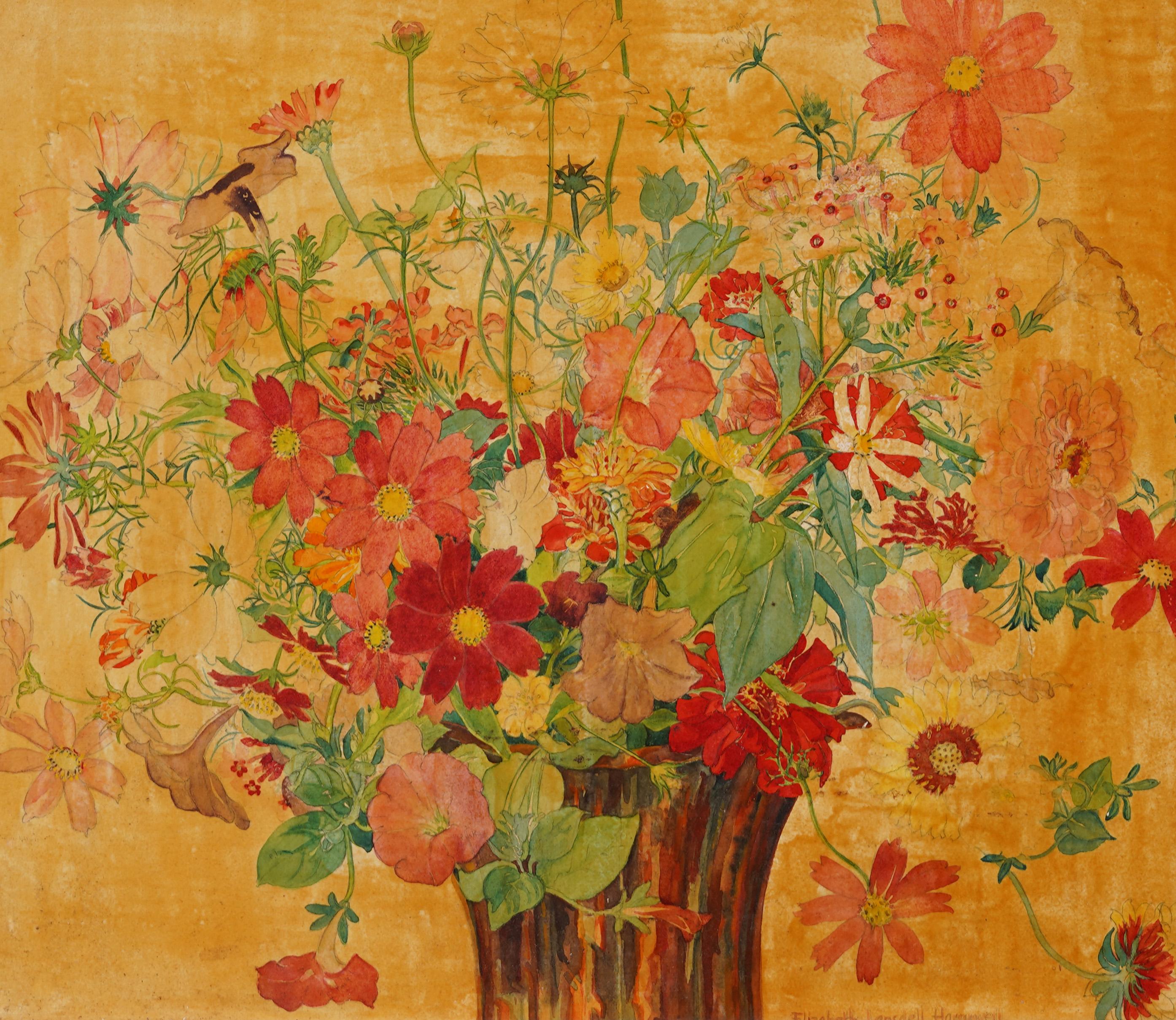 Impressionante opera ad olio di Elizabeth Lansdell Hammell (1889-1981) che raffigura una natura morta floreale dei primi anni dell'Art Déco americano.  Incorniciato.  Olio su tela.  Firmato.  Dimensioni dell'immagine, 20H per 24L.