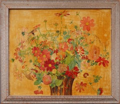 Antikes amerikanisches modernistisches Art-Déco-Blumen-Stillleben, Silber gerahmtes Ölgemälde