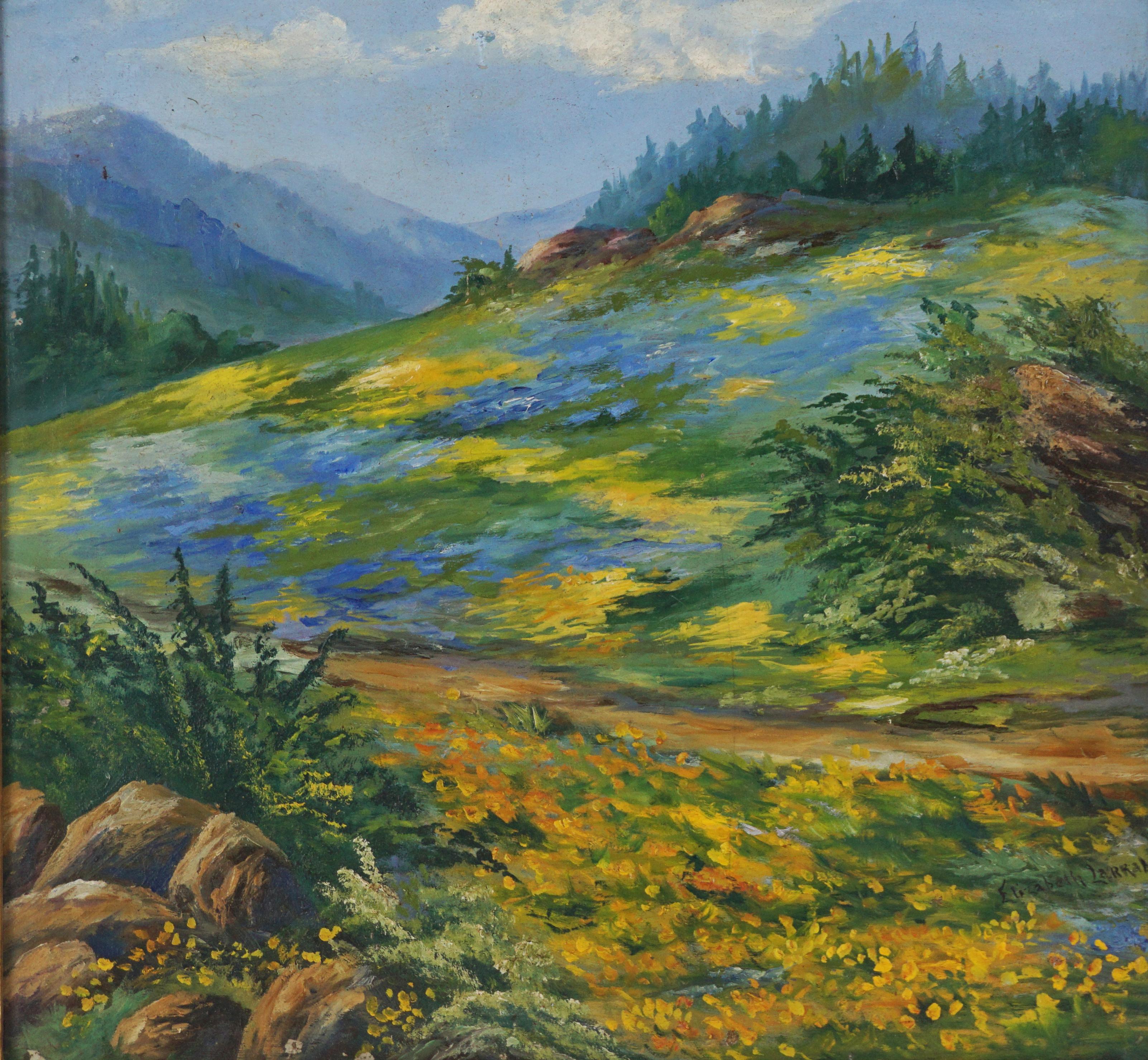A través de los campos de primavera, paisaje de principios del siglo XX con flores silvestres en flor - Painting de Elizabeth Larrabee