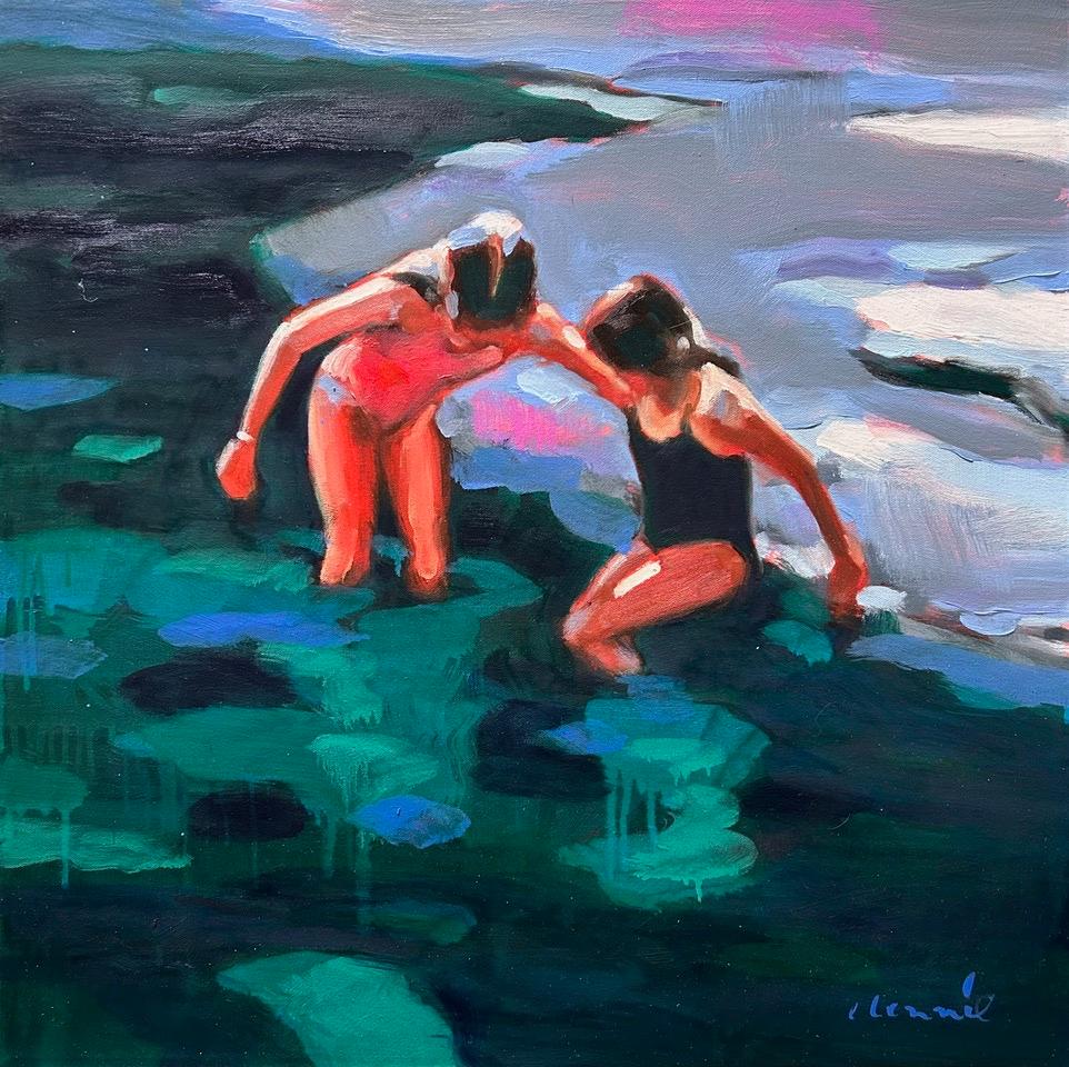 Elizabeth Lennie Figurative Painting - “An Early Spring, an oil painting depicting the joy of children playing in water