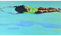 "Aqua Vita" oil painting of a woman in a green bathing suit swimming underwater