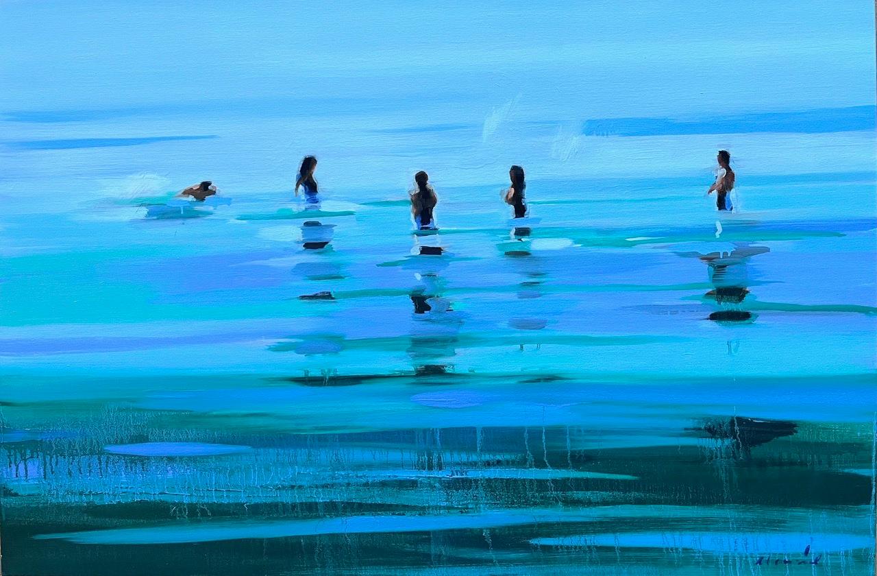 Elizabeth Lennie Figurative Painting - Azure Blue, a vivid memory painted of figures standing in the tide 