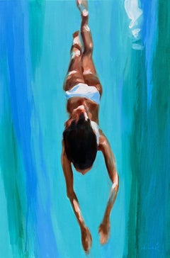 "Bahamian Tethys" vertical abstract oil painting of a swimmer in turquoise water