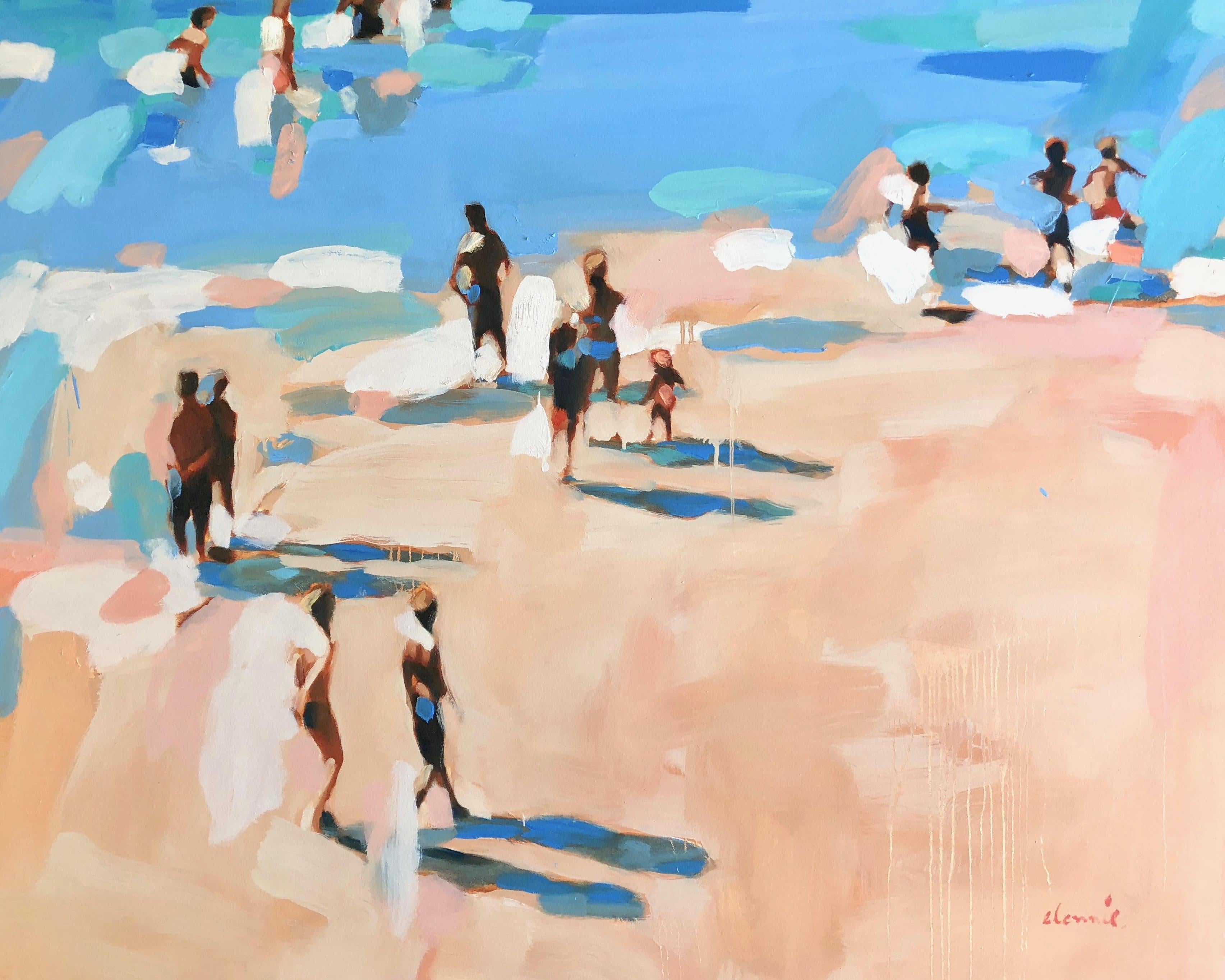 Elizabeth Lennie Abstract Painting - "Beachlife 30" abstract oil painting of figures on the beach by the blue shore