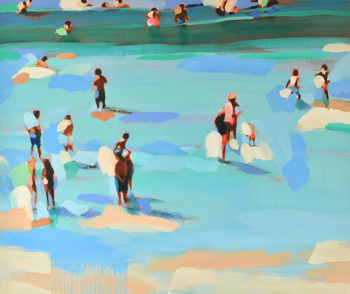 Elizabeth Lennie Figurative Painting - "Beachlife 33" Abstract oil painting of people at the shore in blues and greens