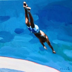 "Ben" small scale oil painting of a boy diving into water with blue background