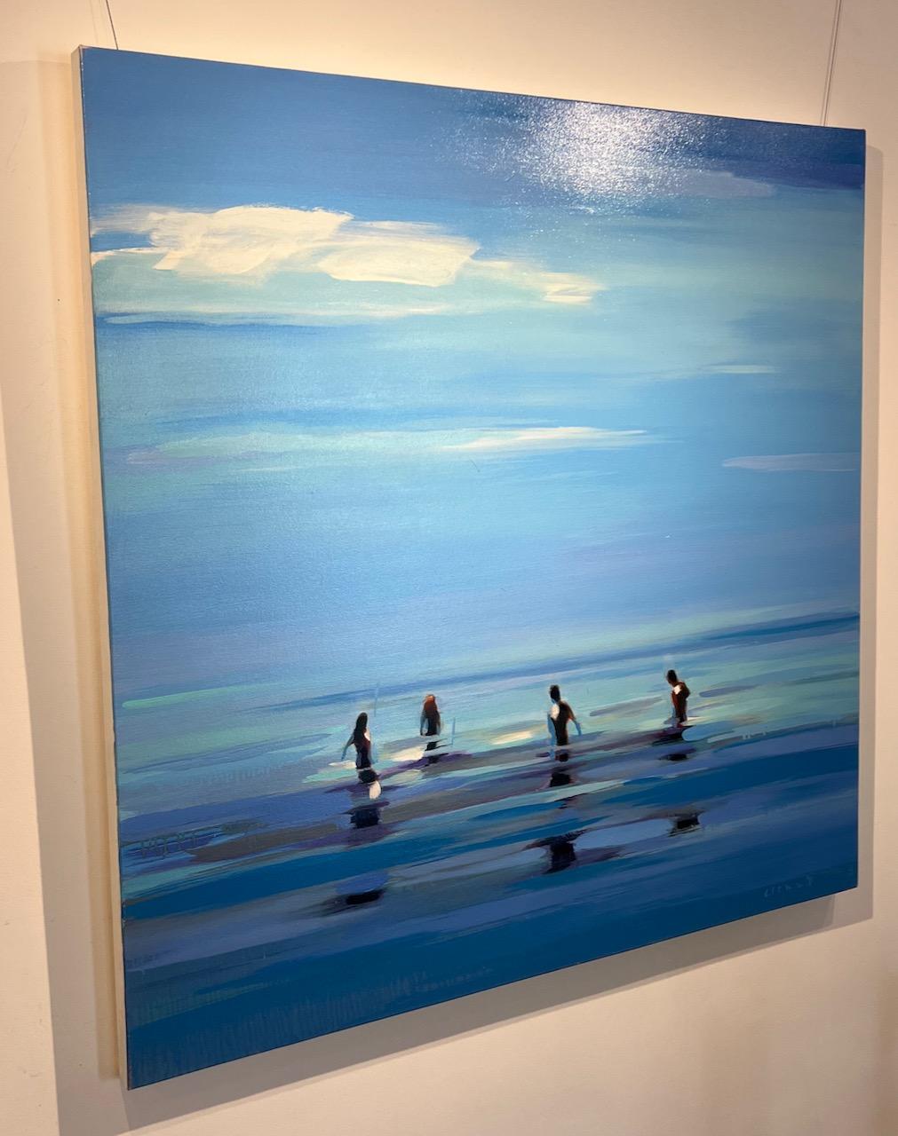 Peinture à l'huile abstraite « Blue Heaven » représentant des personnes debout dans de l'eau bleue, un ciel bleu - Painting de Elizabeth Lennie