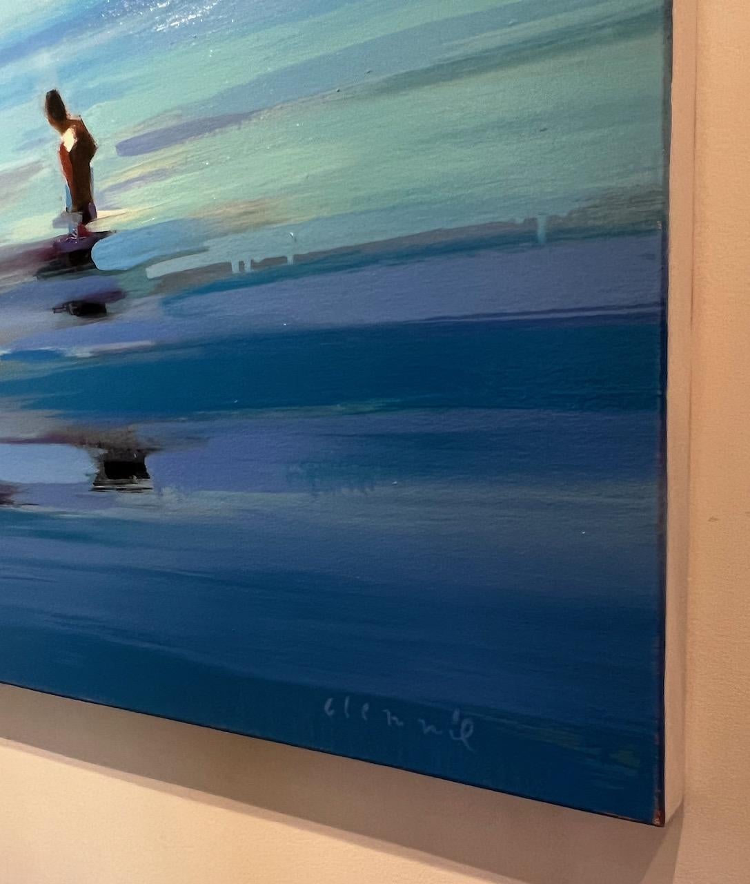 Peinture à l'huile abstraite « Blue Heaven » représentant des personnes debout dans de l'eau bleue, un ciel bleu 1