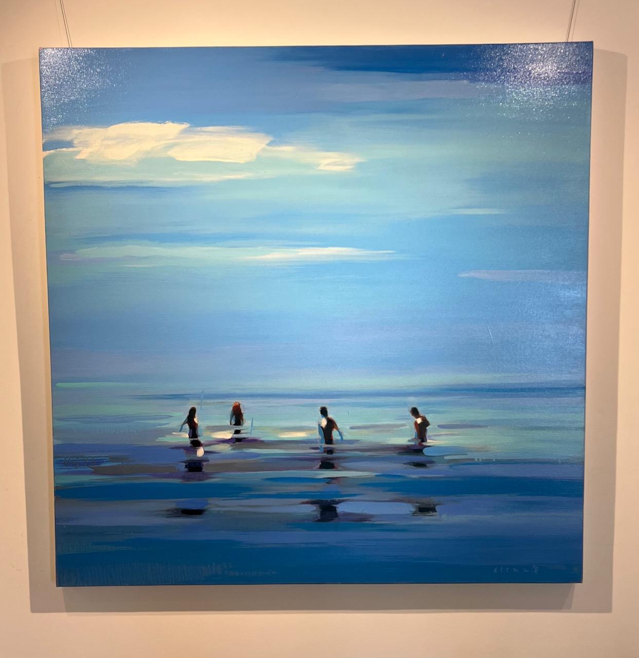 Peinture à l'huile abstraite « Blue Heaven » représentant des personnes debout dans de l'eau bleue, un ciel bleu 2