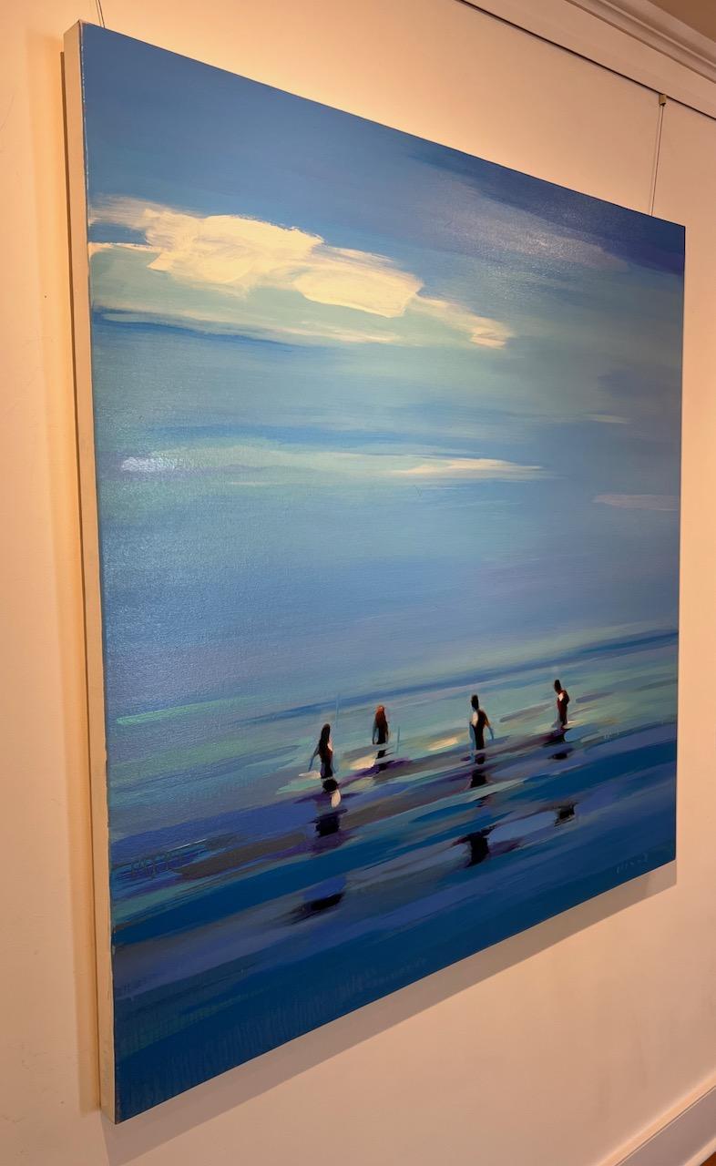 Peinture à l'huile abstraite « Blue Heaven » représentant des personnes debout dans de l'eau bleue, un ciel bleu 3
