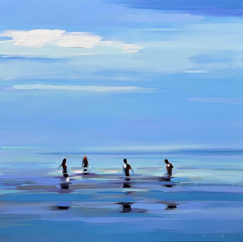 Figurative Painting Elizabeth Lennie - Peinture à l'huile abstraite « Blue Heaven » représentant des personnes debout dans de l'eau bleue, un ciel bleu