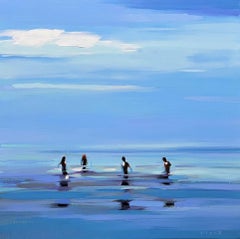 Peinture à l'huile abstraite « Blue Heaven » représentant des personnes debout dans de l'eau bleue, un ciel bleu