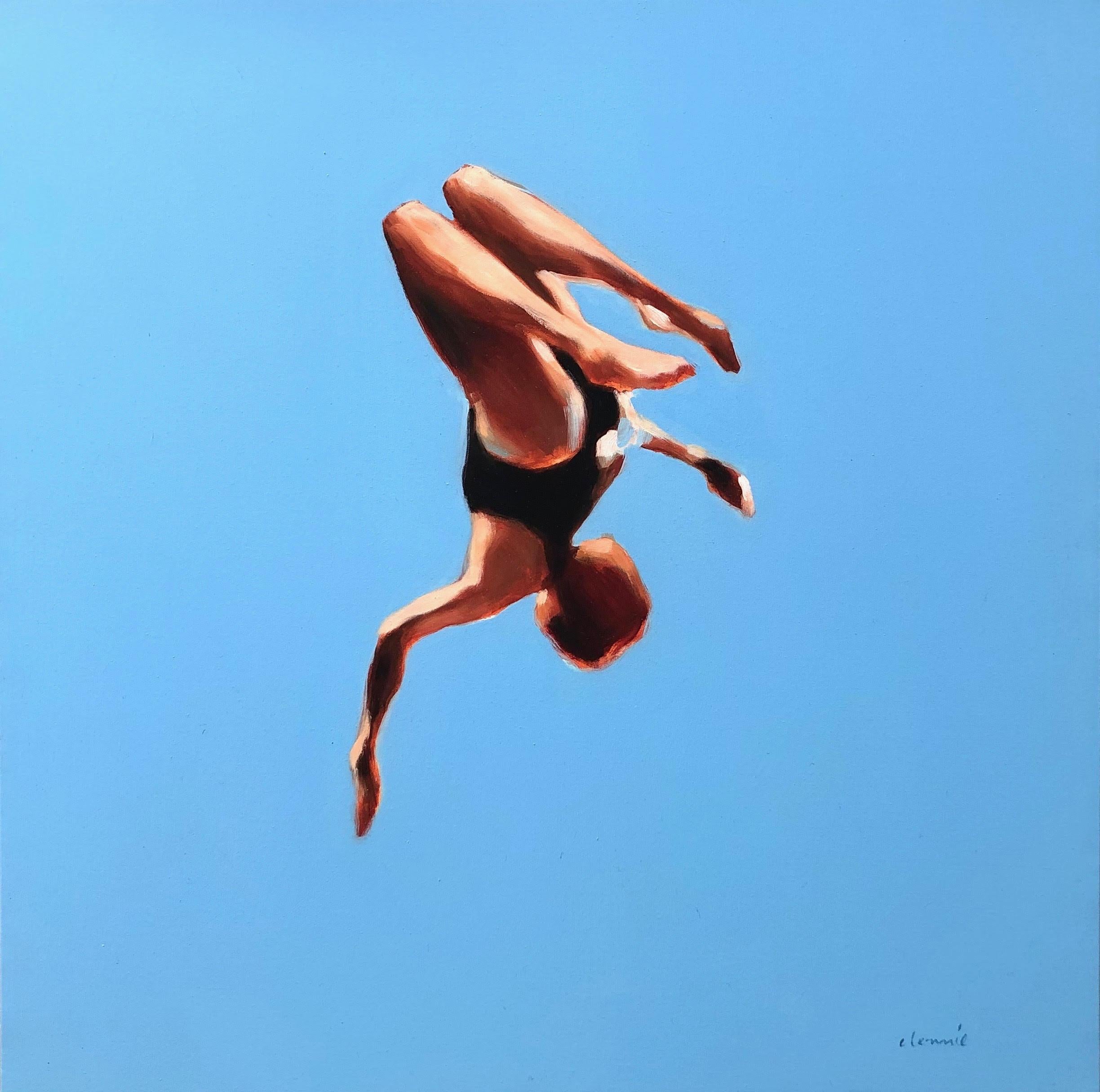 Elizabeth Lennie Figurative Painting - "Blue Skies 1" oil painting of a girl flipping in the air with blue sky behind