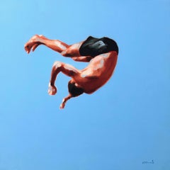 "Blue Skies 2" oil painting of a boy flipping in the air with blue sky behind