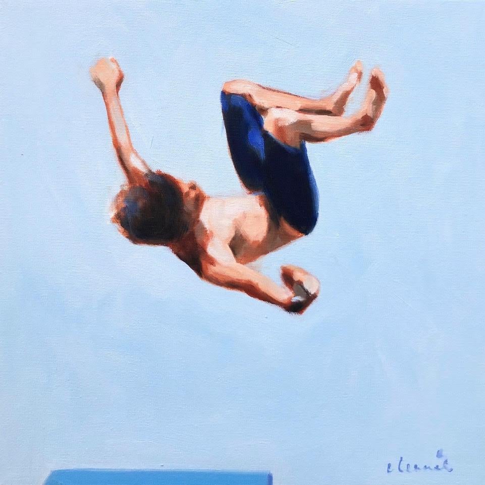 Elizabeth Lennie Figurative Painting - "Blue Skies 2" oil painting of a boy flipping off a diving board