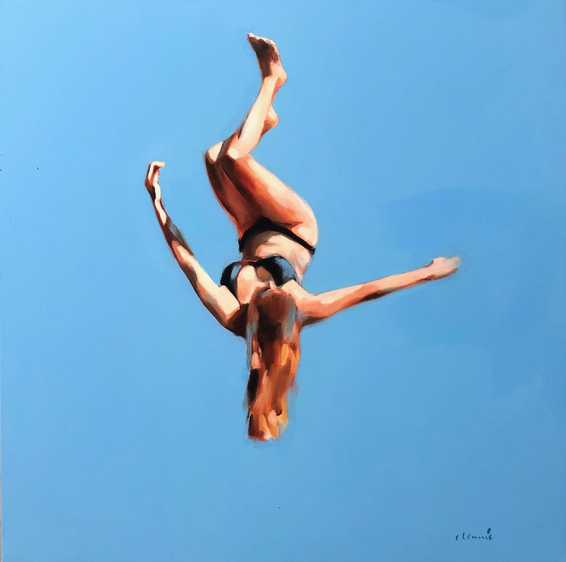 Elizabeth Lennie Figurative Painting - "Blue Skies 3" oil painting of a girl flipping in the air with blue sky behind