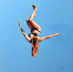 « Blue Skies 3 », peinture à l'huile d'une fille volant dans l'air avec un ciel bleu derrière