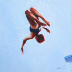 "Blue Skies 3" oil painting of a girl flipping off a diving board