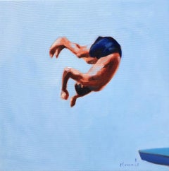 "Blue Skies 4" oil painting of a boy flipping off a diving board