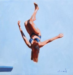 "Blue Skies" oil painting of a girl flipping off a diving board