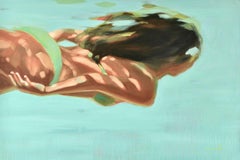 "Caribbean Waters" Oil painting of a woman swimming under blue/green water