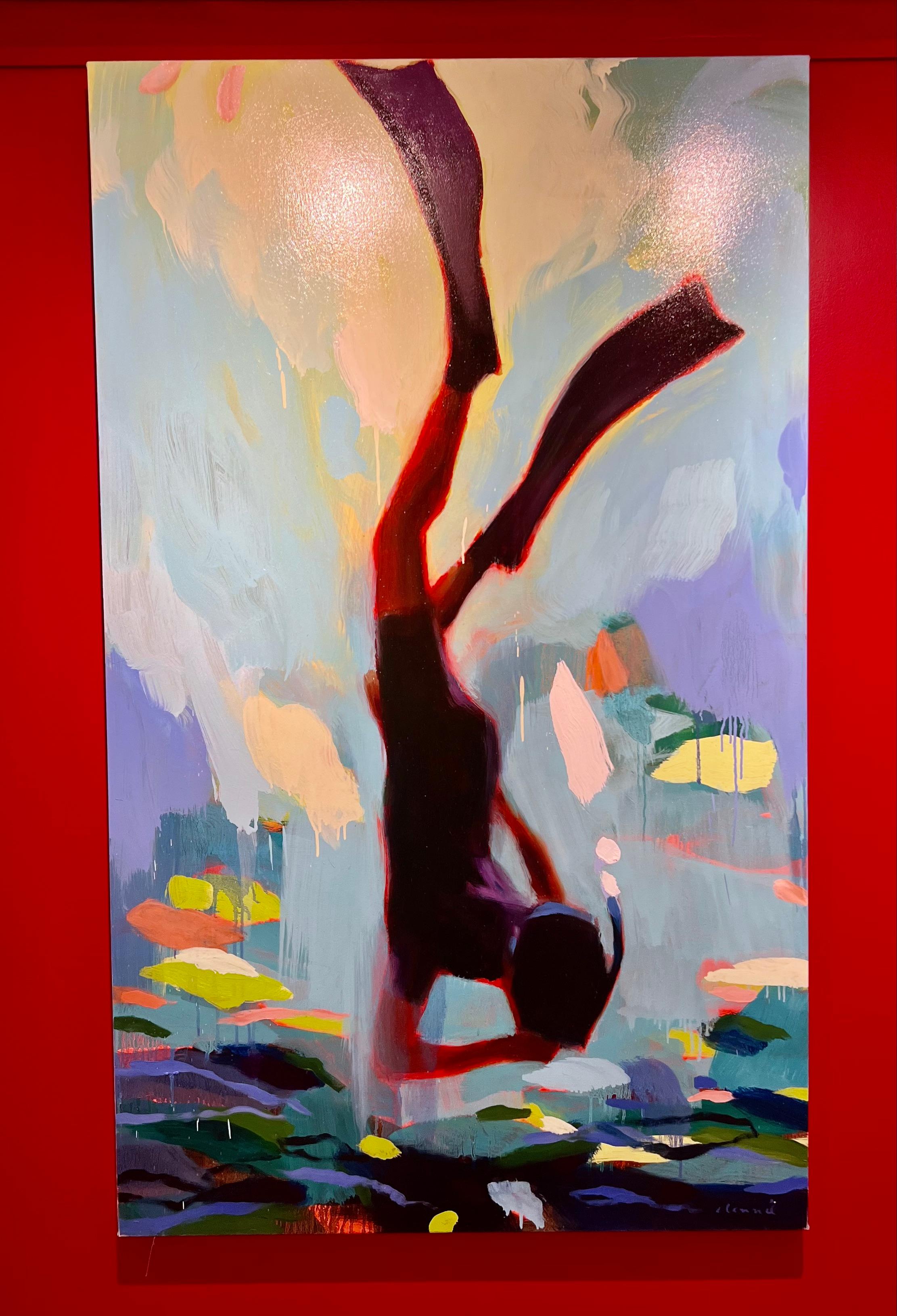 „Dreamer 3“ vertikales abstraktes Ölgemälde eines freien Tauchers mit Flippern – Painting von Elizabeth Lennie