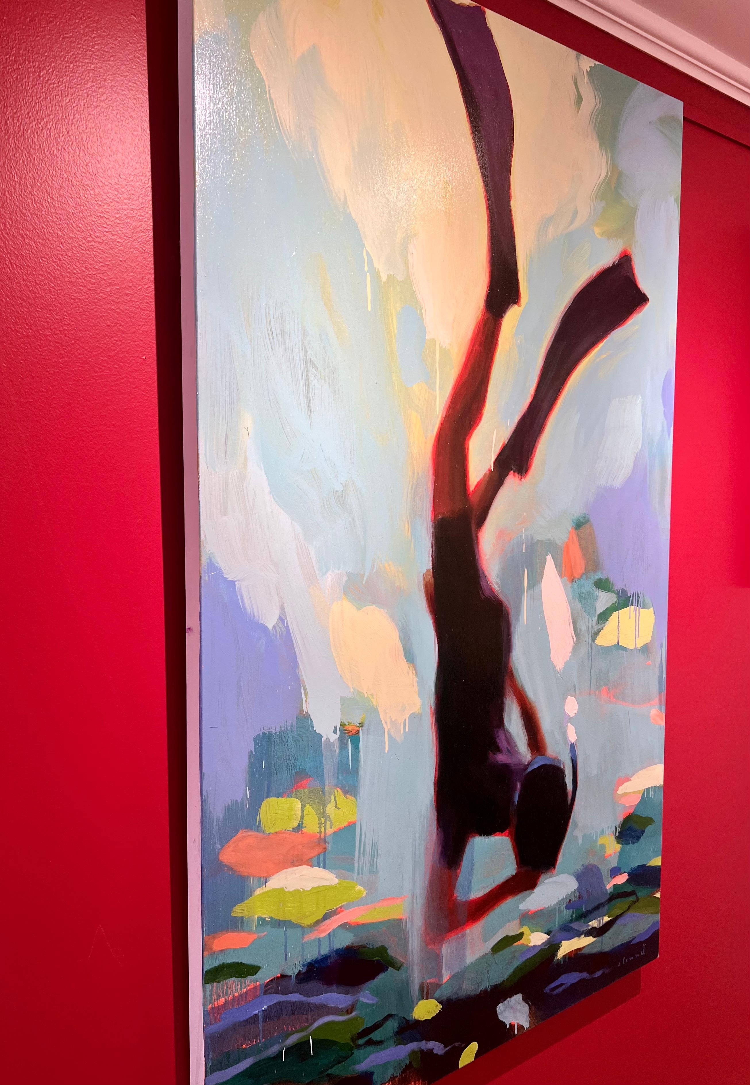 „Dreamer 3“ vertikales abstraktes Ölgemälde eines freien Tauchers mit Flippern (Blau), Abstract Painting, von Elizabeth Lennie