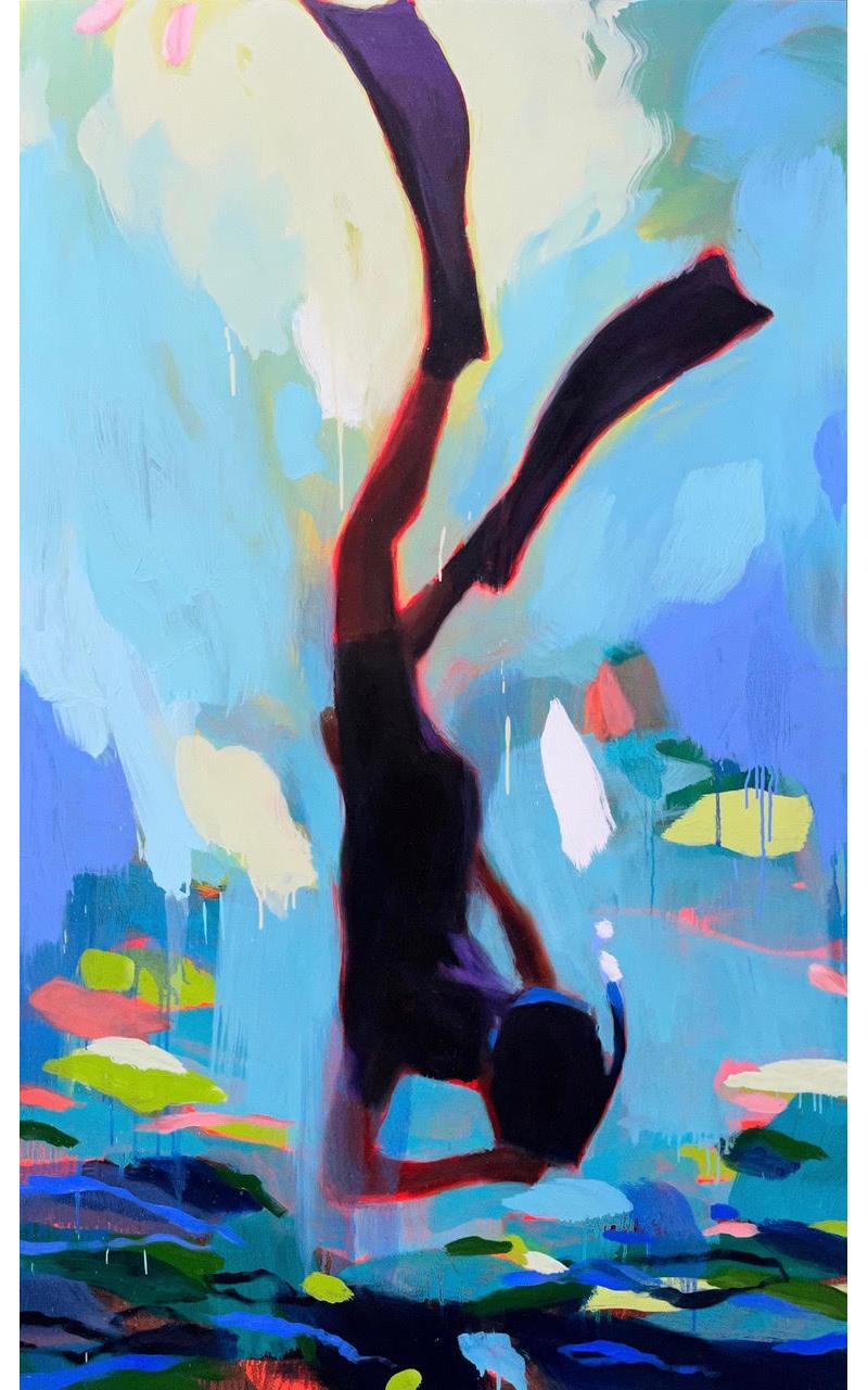 "Dreamer 3" vertical abstract oil painting of a free diver with flippers